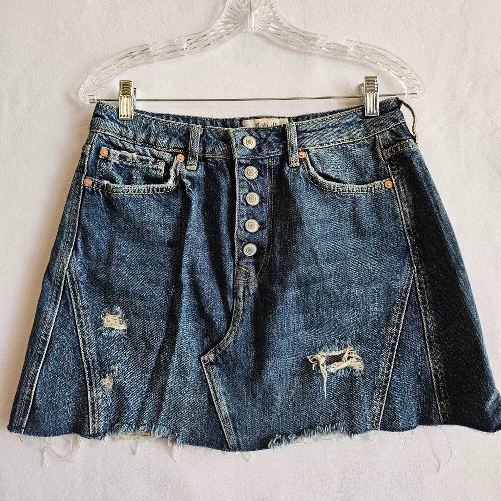 We The Free Denim Mini Skirt 15" Distressed Sz 29 Raw Hem Button Fly